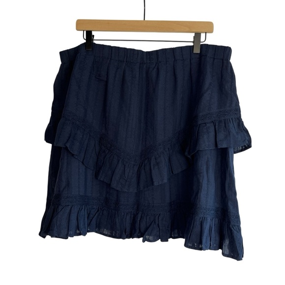 Lace Insert Tiered Ruffle Cotton Mini Skirt Boho Nautical Summer Navy Blue XL - Picture 4 of 10